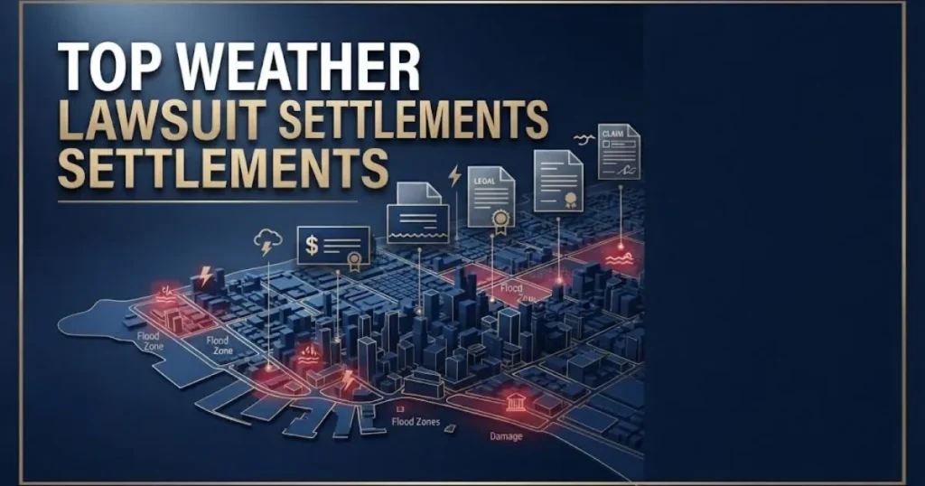 Top weather lawsuit settlements infographic showing coastal city damage zones with claim document icons on navy background