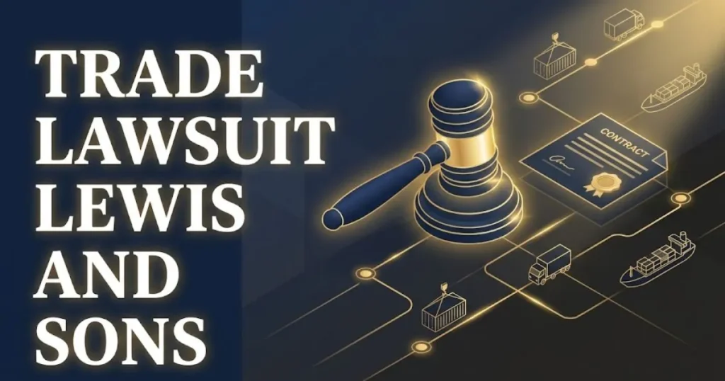 Trade lawsuit Lewis and Sons 2026 hero banner with gavel contract and supply chain icons on navy background.