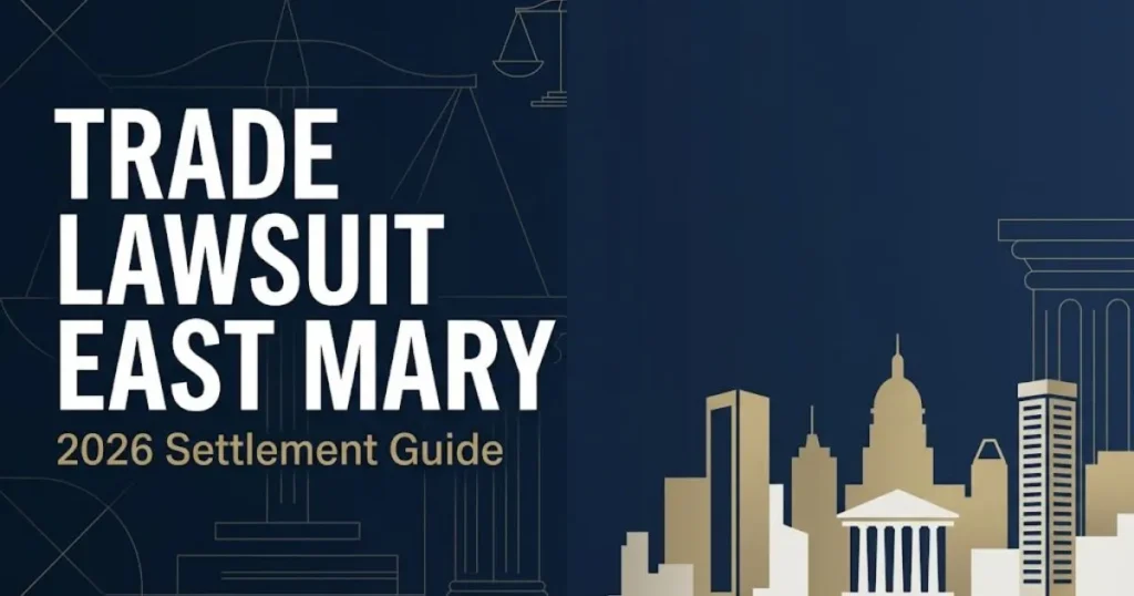 Trade lawsuit east mary 2026 settlement guide banner with Baltimore courthouse silhouette and legal scales icon on navy background