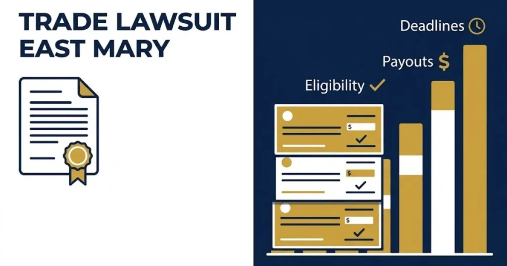Trade lawsuit east mary eligibility and payout infographic with settlement chart and legal document icons on navy and white background
