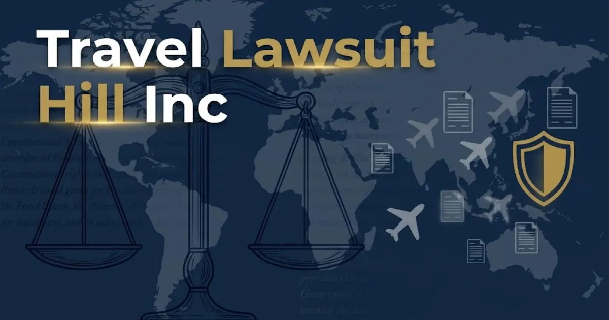 Travel lawsuit Hill Inc hero banner with legal scales and world map in navy and gold tones