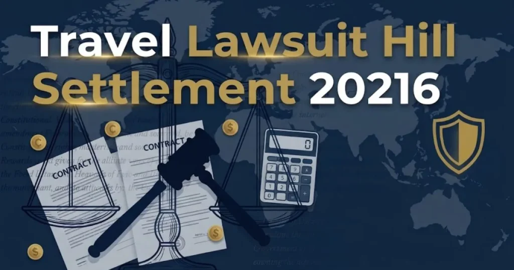 Travel lawsuit Hill Inc settlement graphic with legal documents and gavel in navy and gold