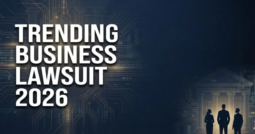 Trending business lawsuit 2026 hero banner with courthouse and digital data graphics in navy and gold