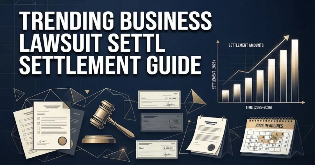 Trending business lawsuit settlement guide graphic with legal documents and 2026 deadline calendar
