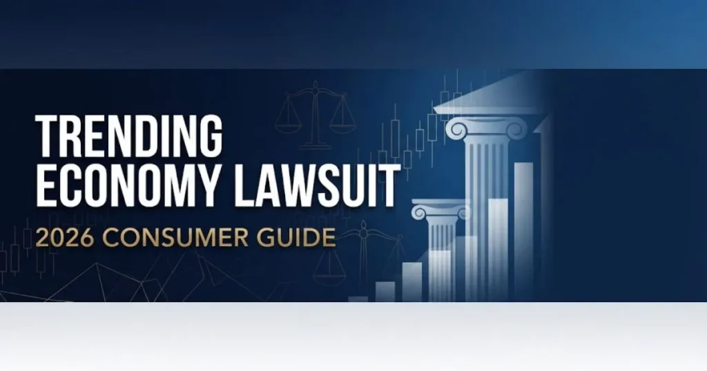 Trending economy lawsuit hero banner with navy blue background, gold legal scales, and 2026 consumer guide text