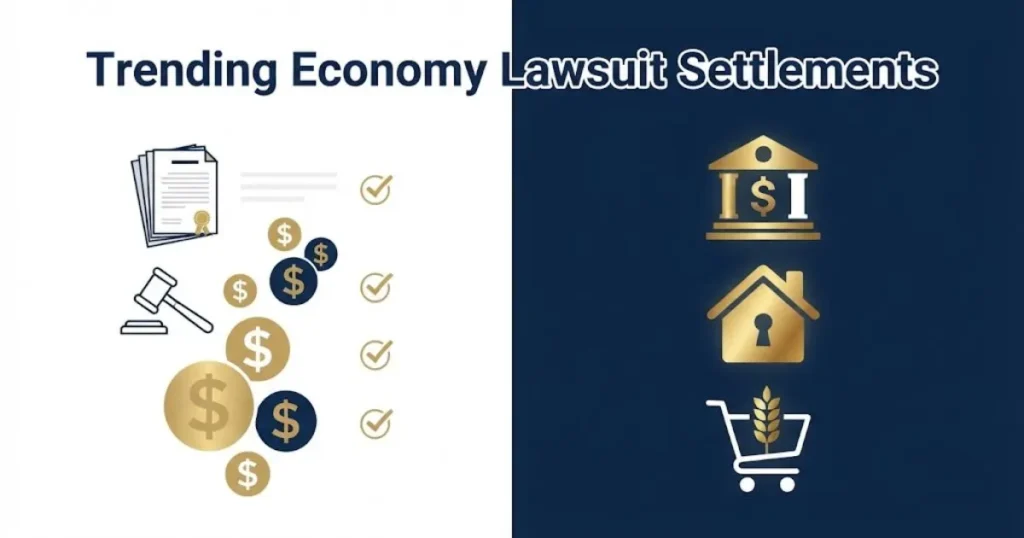 Trending economy lawsuit settlements graphic with legal documents, gavel icon, and sector symbols on navy background