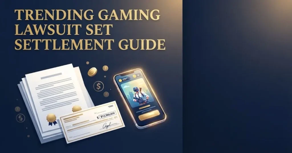 Trending gaming lawsuit settlement guide graphic with legal documents and smartphone on navy background