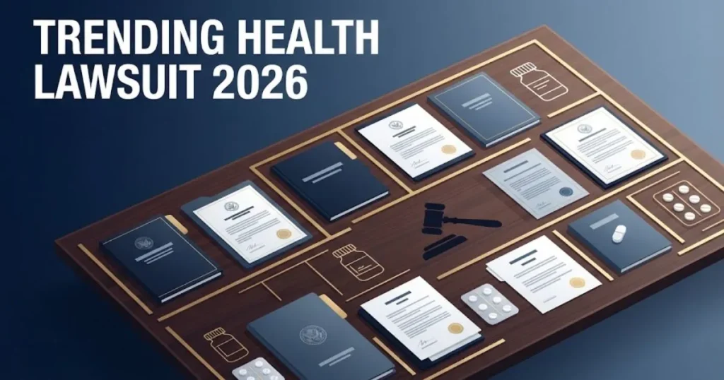 Trending health lawsuit 2026 graphic with legal documents and medical icons on navy table
