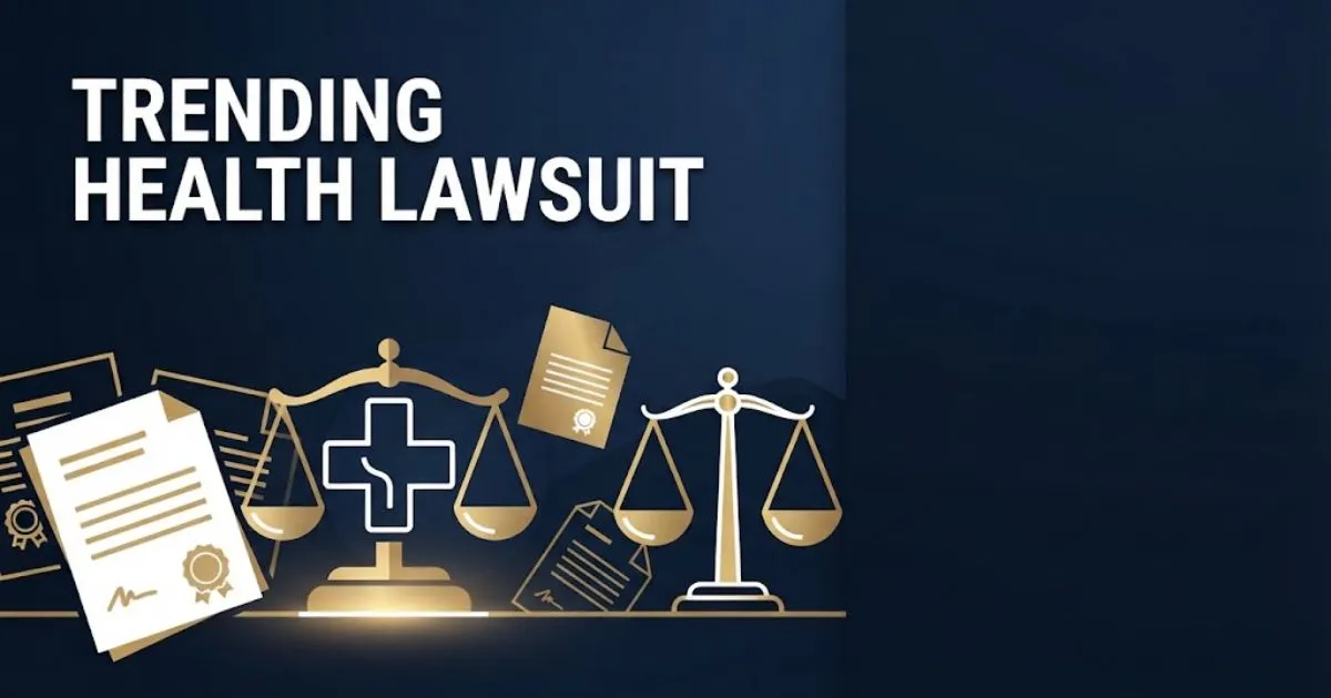 Trending health lawsuit banner with golden scales of justice and medical cross on navy background