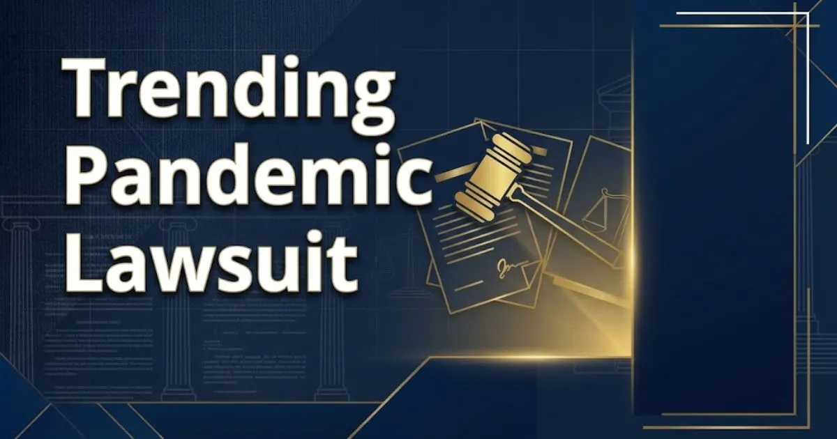 Trending pandemic lawsuit hero banner with gavel silhouette and legal document textures on navy background