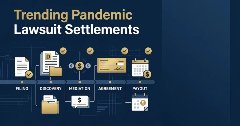 Trending pandemic lawsuit settlements timeline graphic with document icons and calendar on navy background