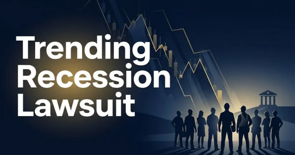 Trending recession lawsuit hero banner with navy and gold legal theme and courthouse silhouette