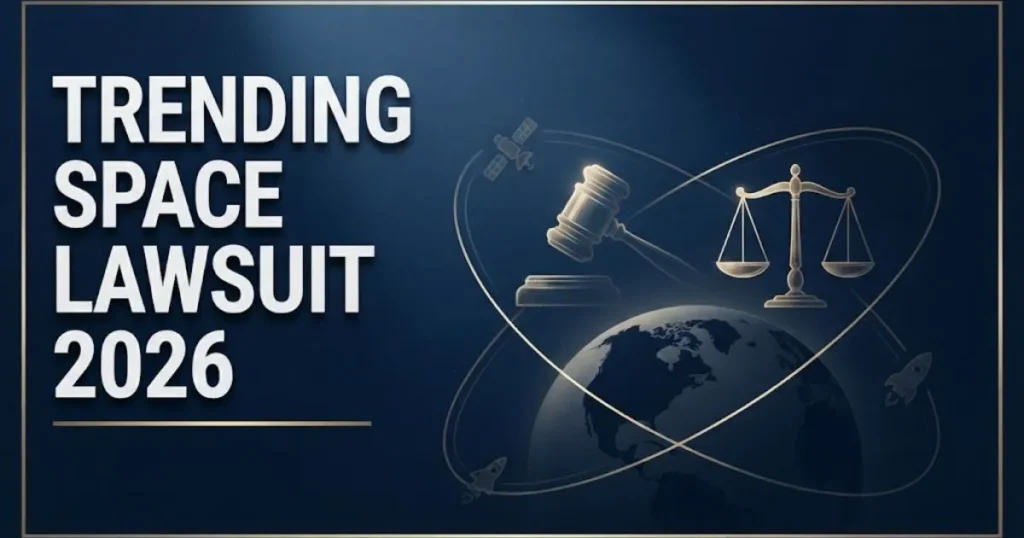 Trending space lawsuit 2026 hero banner with orbital debris graphics and legal symbols on navy background