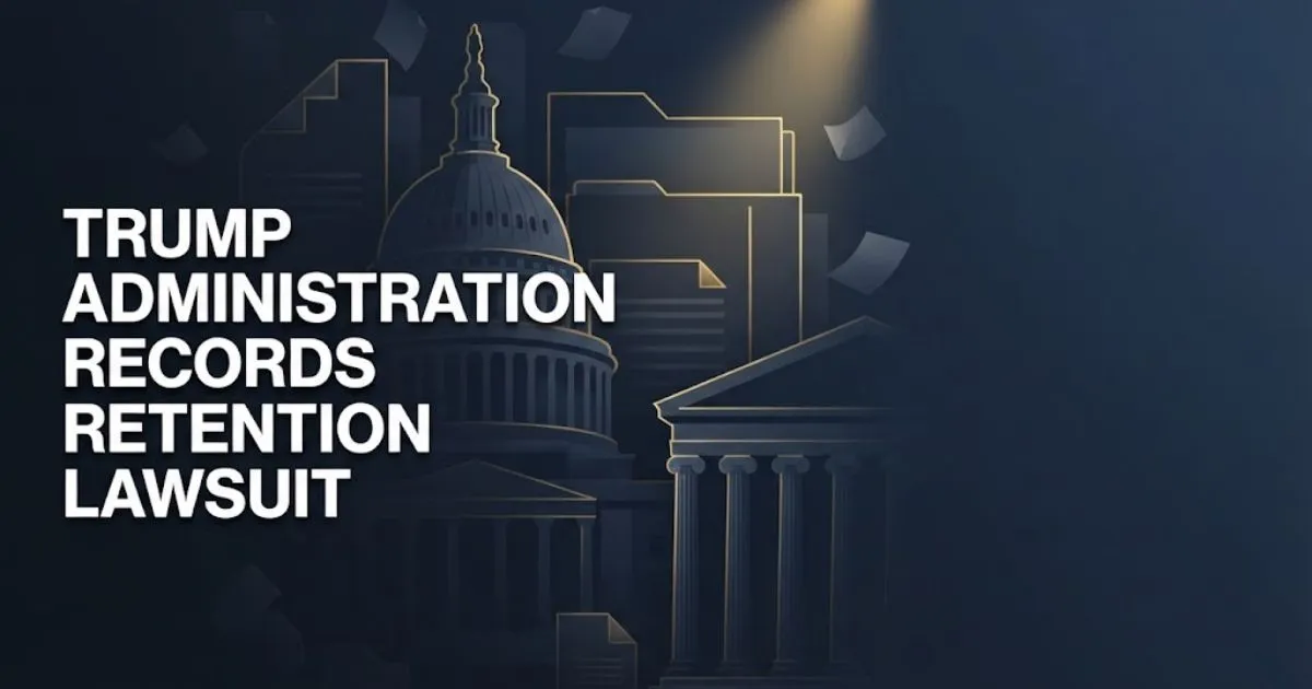 Trump administration records retention lawsuit hero banner with Capitol dome and document silhouettes in navy and gold