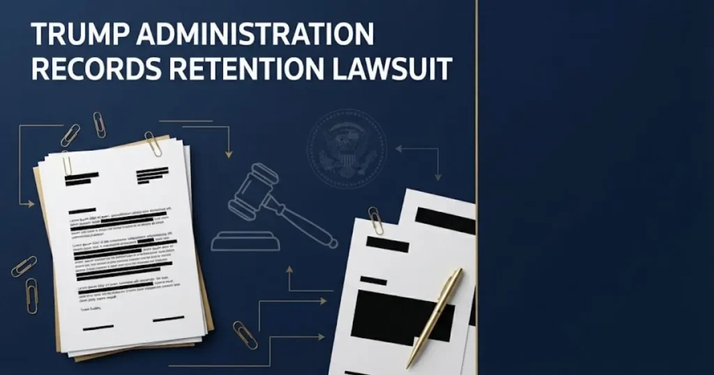 Trump administration records retention lawsuit supporting graphic with legal documents and gavel on navy background
