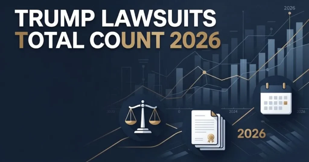 Trump lawsuits total count 2026 infographic with timeline and data visualization elements