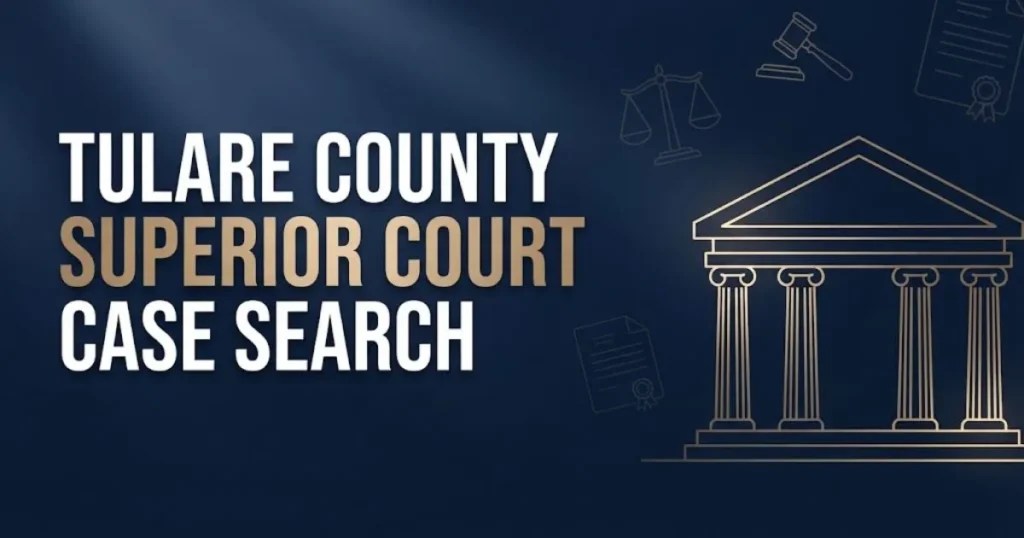 Tulare County Superior Court Case Search hero banner with courthouse silhouette and gold legal icons on navy background
