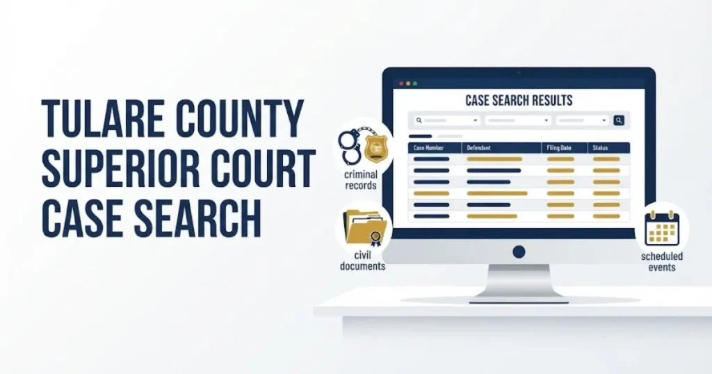 Tulare County Superior Court Case Search illustration showing digital records interface with legal document icons