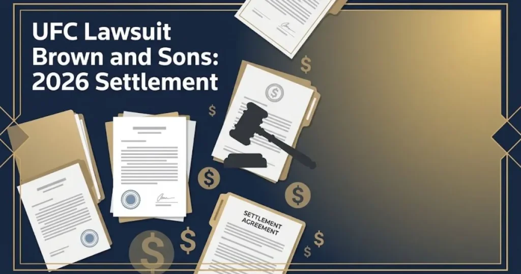 UFC lawsuit Brown and Sons 2026 settlement graphic with legal documents and gavel on navy background