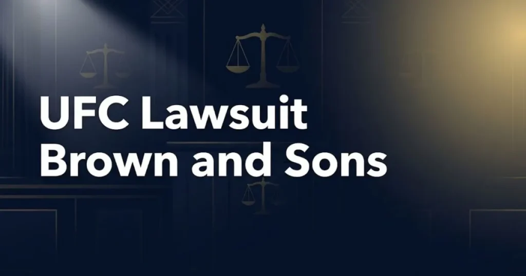 UFC lawsuit Brown and Sons hero banner with gold scales of justice on dark navy background