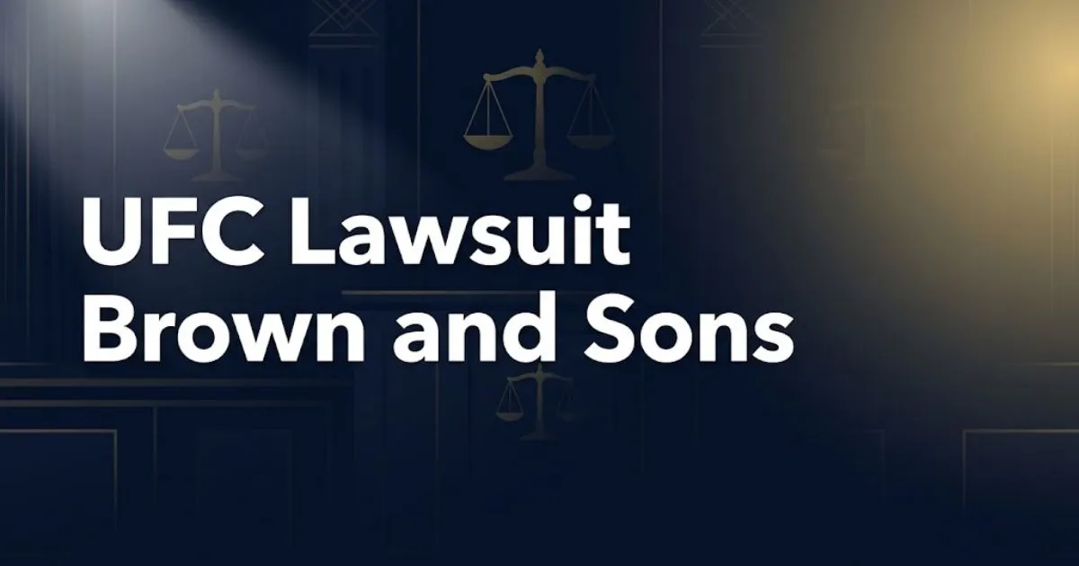 UFC lawsuit Brown and Sons hero banner with gold scales of justice on dark navy background