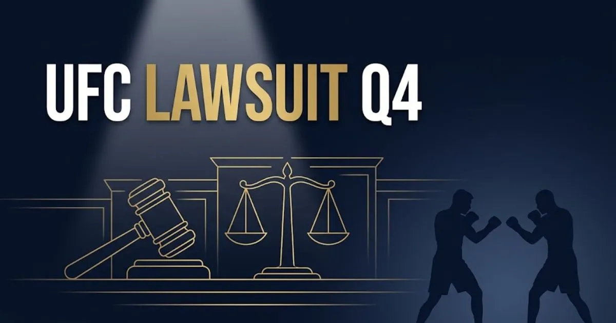 UFC lawsuit Q4 hero banner with courtroom silhouette and bold gold headline text on navy background