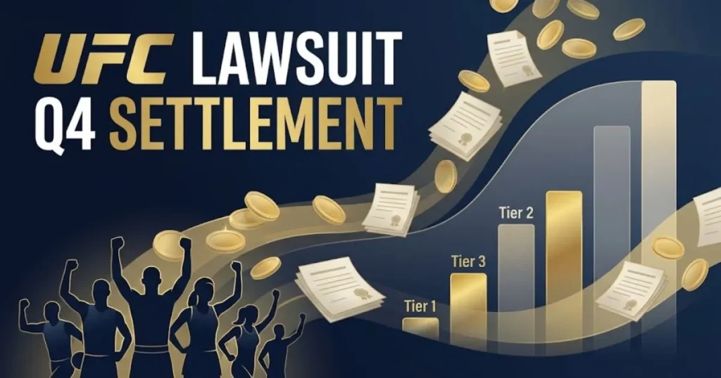 UFC lawsuit Q4 settlement distribution graphic with payout chart and gold accents on navy background