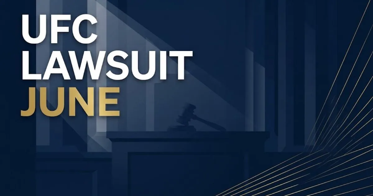 UFC lawsuit june hero banner with navy courtroom background and gold gavel silhouette, 110 characters