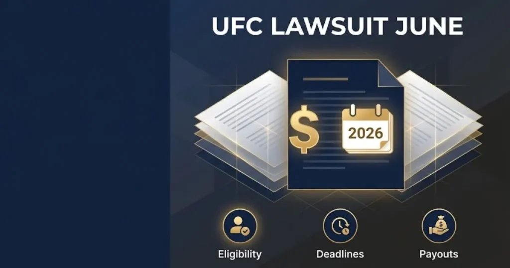 UFC lawsuit june settlement graphic with document layers and 2026 calendar icon on navy background, 113 characters