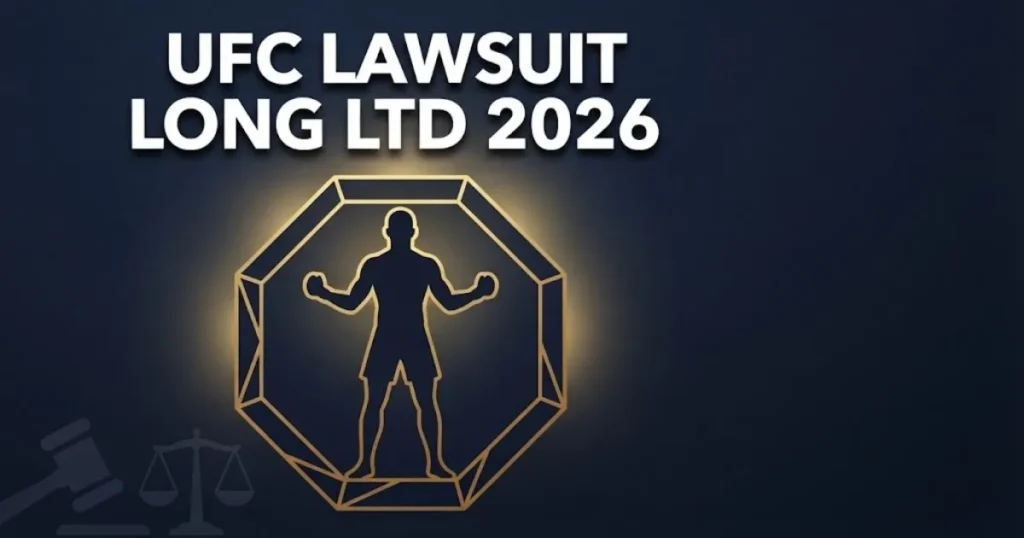 UFC lawsuit long ltd 2026 hero banner with fighter silhouette in octagon and legal symbols on navy background
