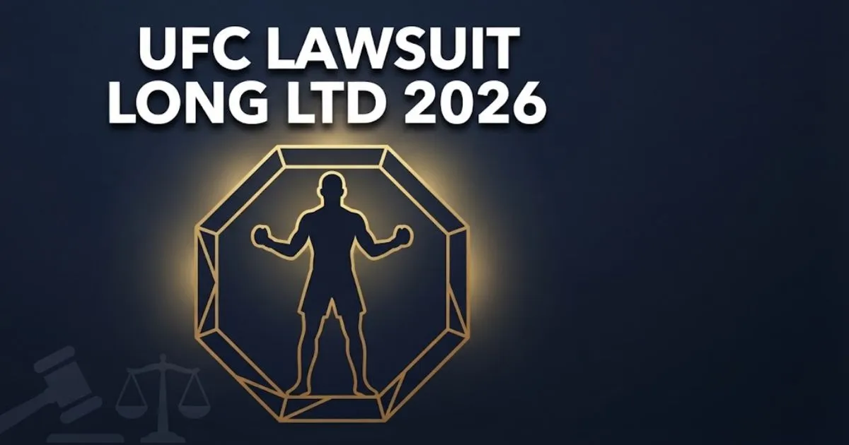 UFC lawsuit long ltd 2026 hero banner with fighter silhouette in octagon and legal symbols on navy background