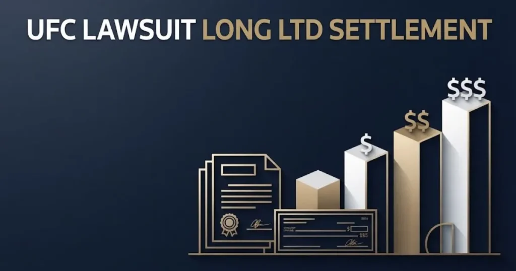 UFC lawsuit long ltd settlement graphic with legal documents and payout chart on navy and gold background