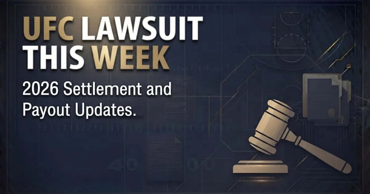 UFC lawsuit this week hero banner with gavel icon and 2026 settlement update text on navy background