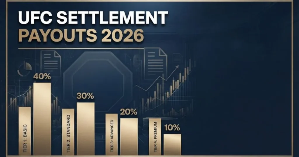 UFC settlement payouts 2026 graphic with financial charts and legal documents on navy background