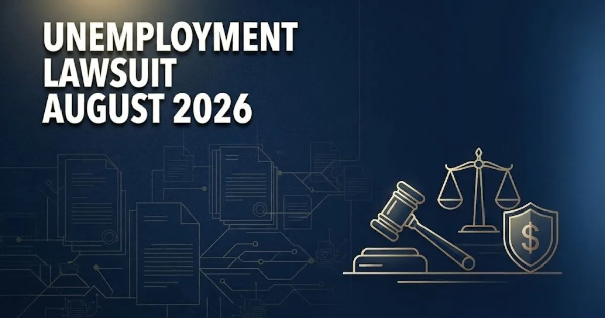 Unemployment lawsuit August 2026 hero banner with legal icons and bold headline on navy background
