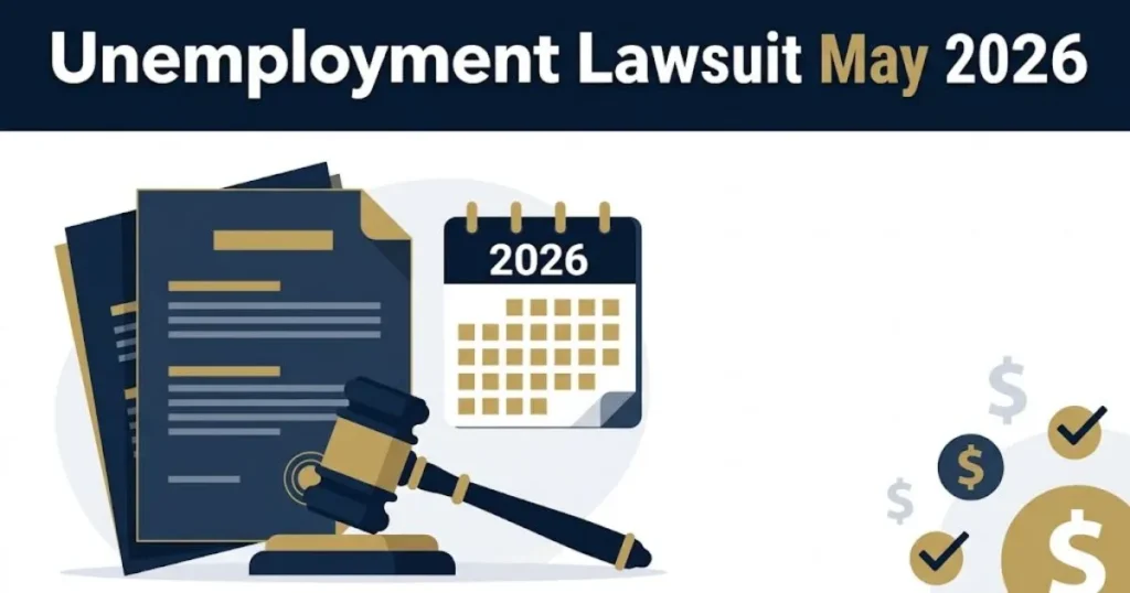 Unemployment lawsuit may 2026 graphic with legal documents gavel and calendar in navy and gold
