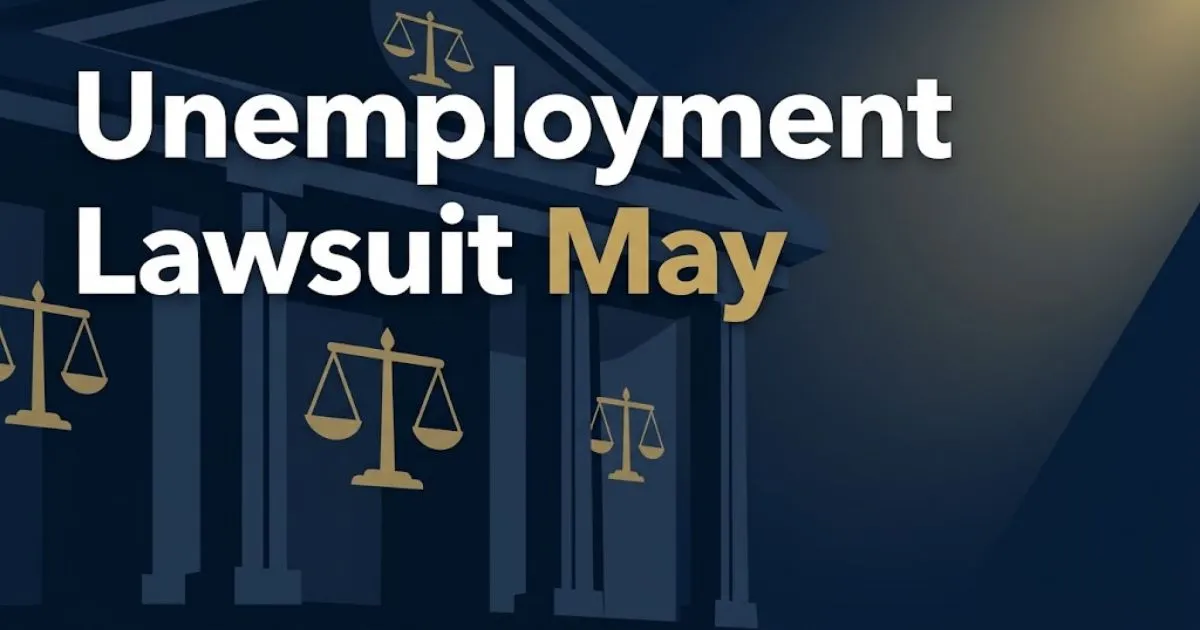 Unemployment lawsuit may headline over abstract navy courthouse with gold scales of justice icons