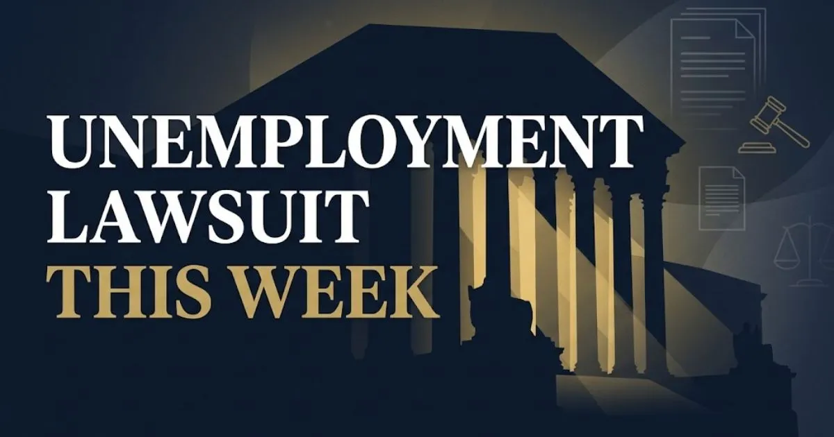 Unemployment lawsuit this week 2026 banner showing courthouse silhouette with gold scales of justice design