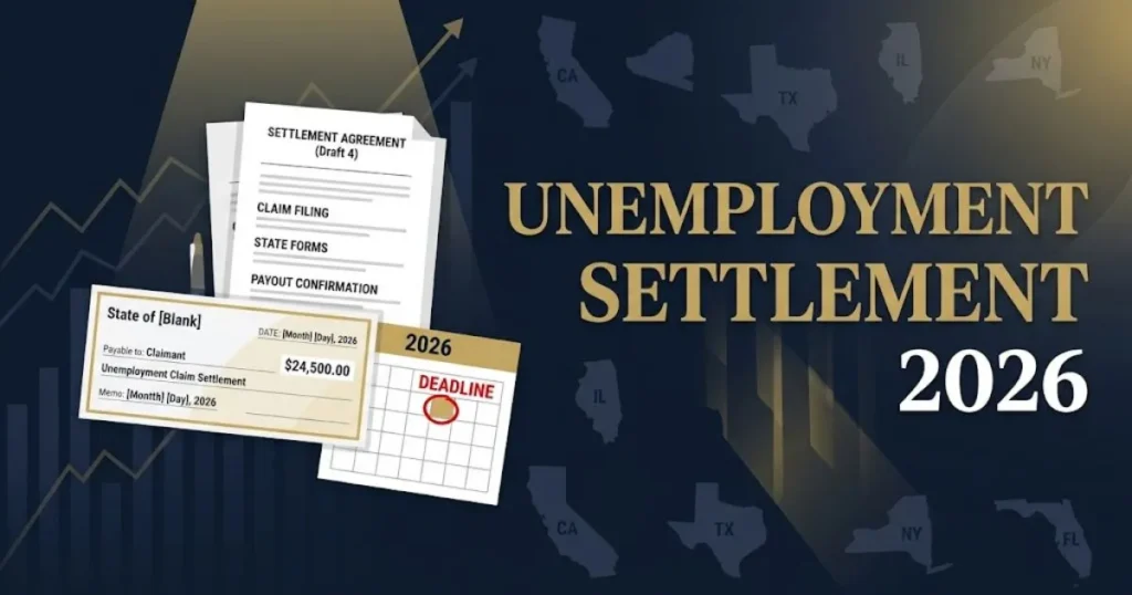 Unemployment lawsuit this week settlement 2026 graphic showing payout check with deadline calendar design