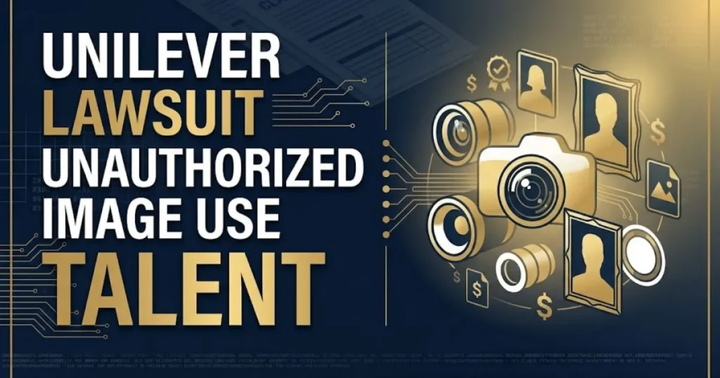 Unilever lawsuit unauthorized image use talent hero banner with legal theme and navy gold design