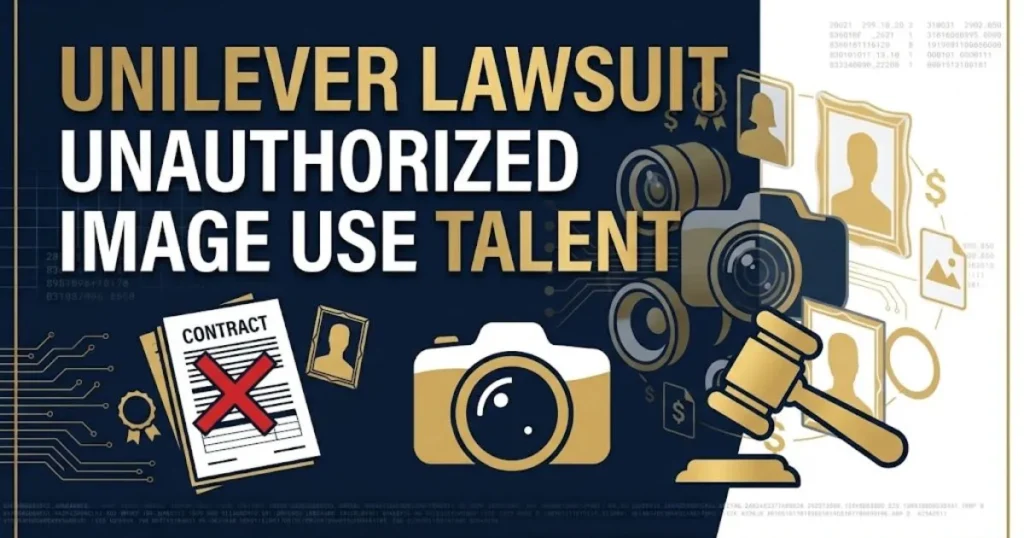 Unilever lawsuit unauthorized image use talent infographic with contract and camera icons on navy background