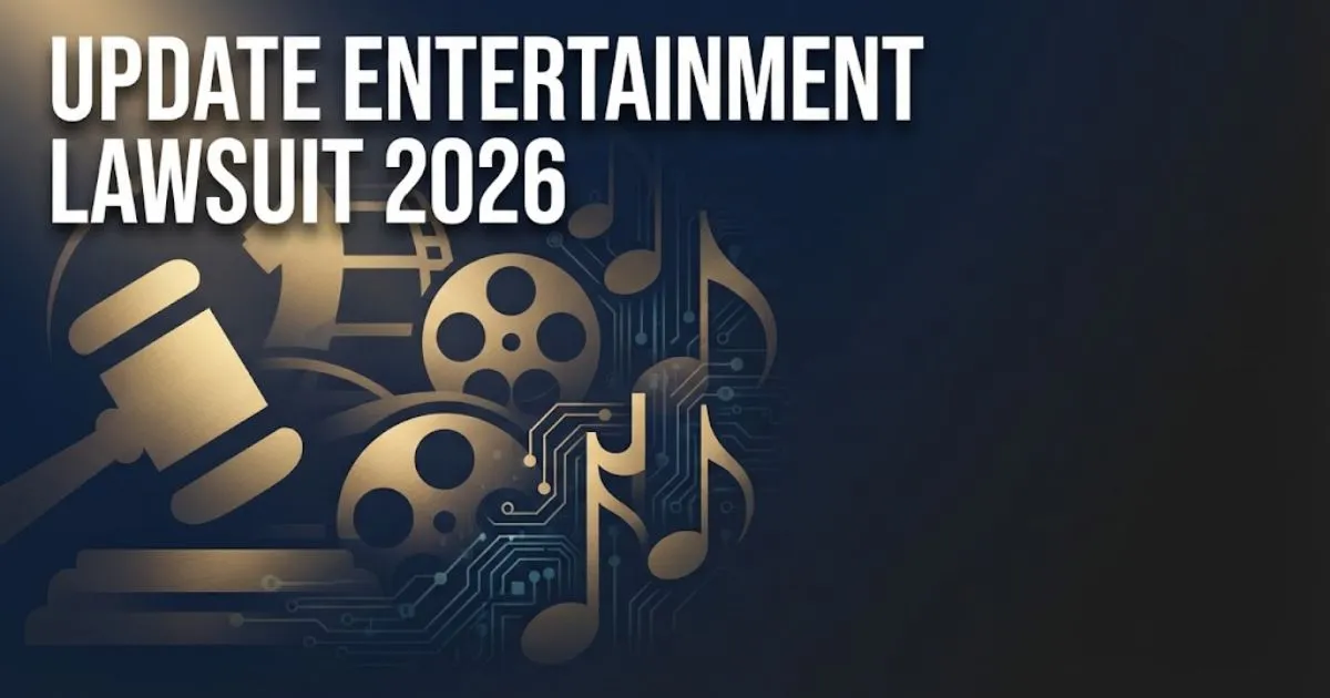 Update entertainment lawsuit 2026 hero banner with gavel, film reel, and digital icons on navy background