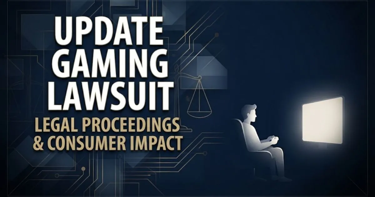 Update gaming lawsuit hero banner with legal scales and gaming controller silhouette on navy background