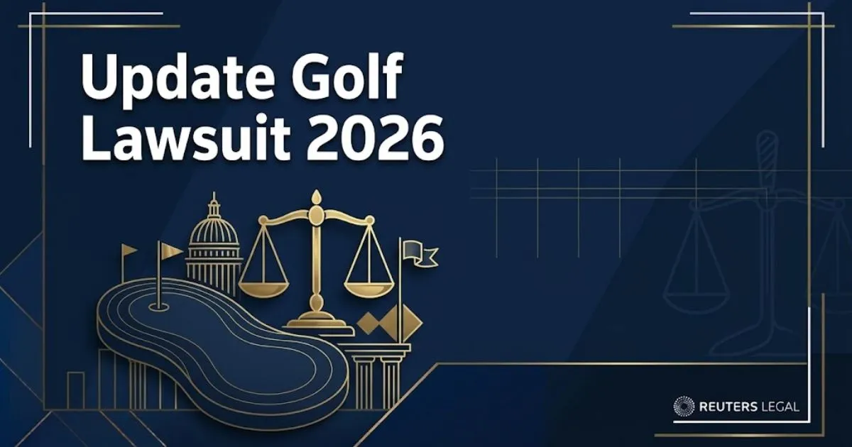 Update golf lawsuit 2026 hero banner with legal scales and golf green abstract design in navy and gold