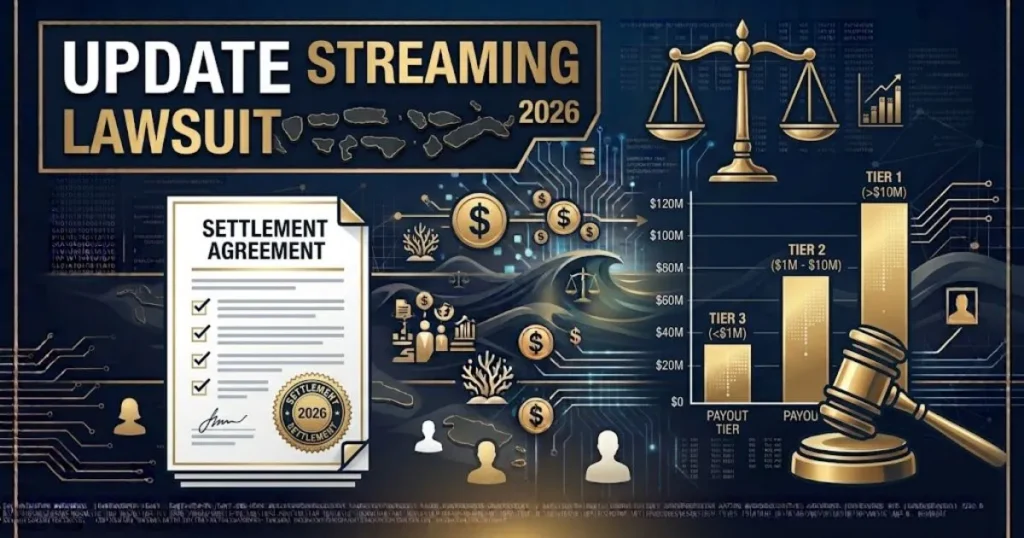 Update streaming lawsuit 2026 settlement graphic with payout tiers and legal document illustration