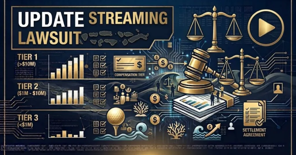 Update streaming lawsuit hero banner with legal icons and streaming symbols on navy background