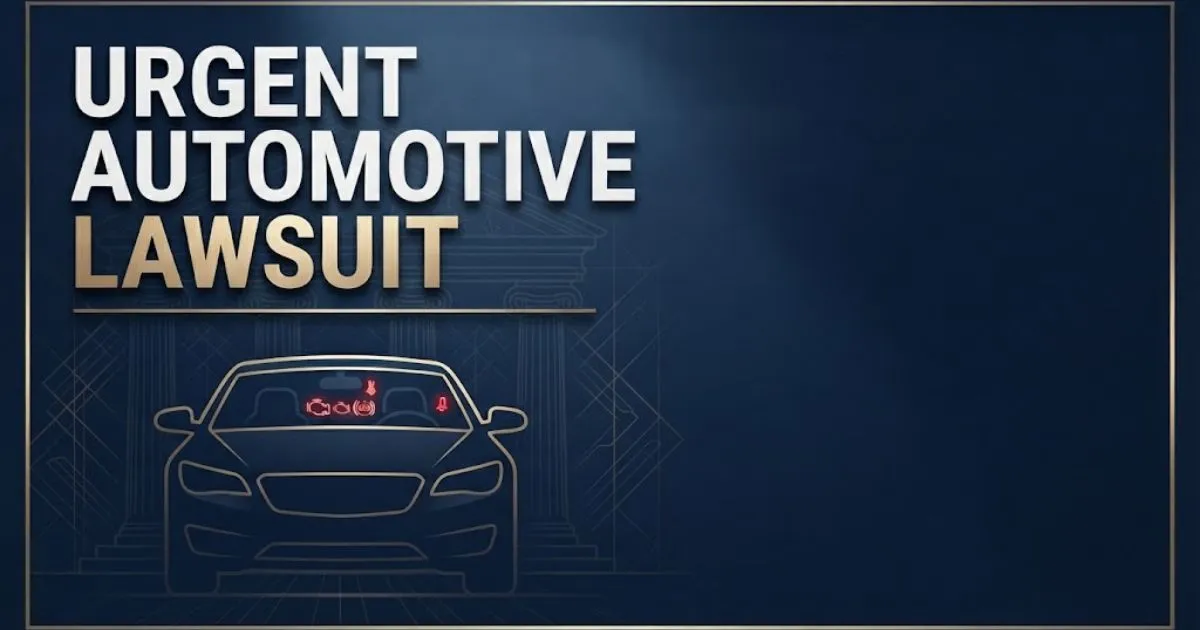 Urgent automotive lawsuit hero banner with sedan silhouette and legal symbols on navy background