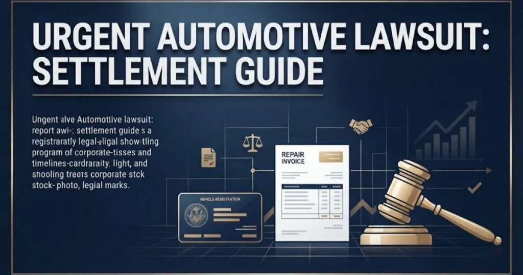 Urgent automotive lawsuit settlement guide graphic with legal documents and gavel on navy background