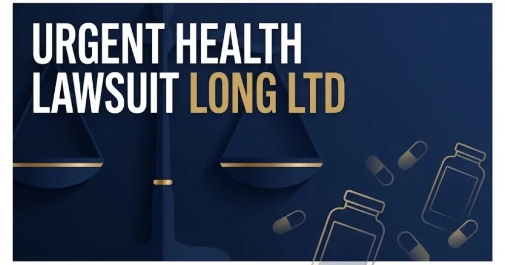 Urgent health lawsuit Long Ltd hero banner with legal scales and supplement silhouettes on navy background