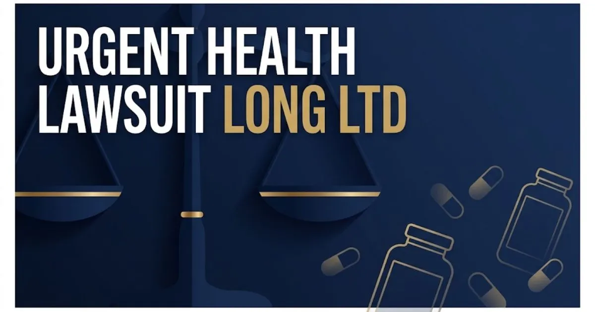 Urgent health lawsuit Long Ltd hero banner with legal scales and supplement silhouettes on navy background